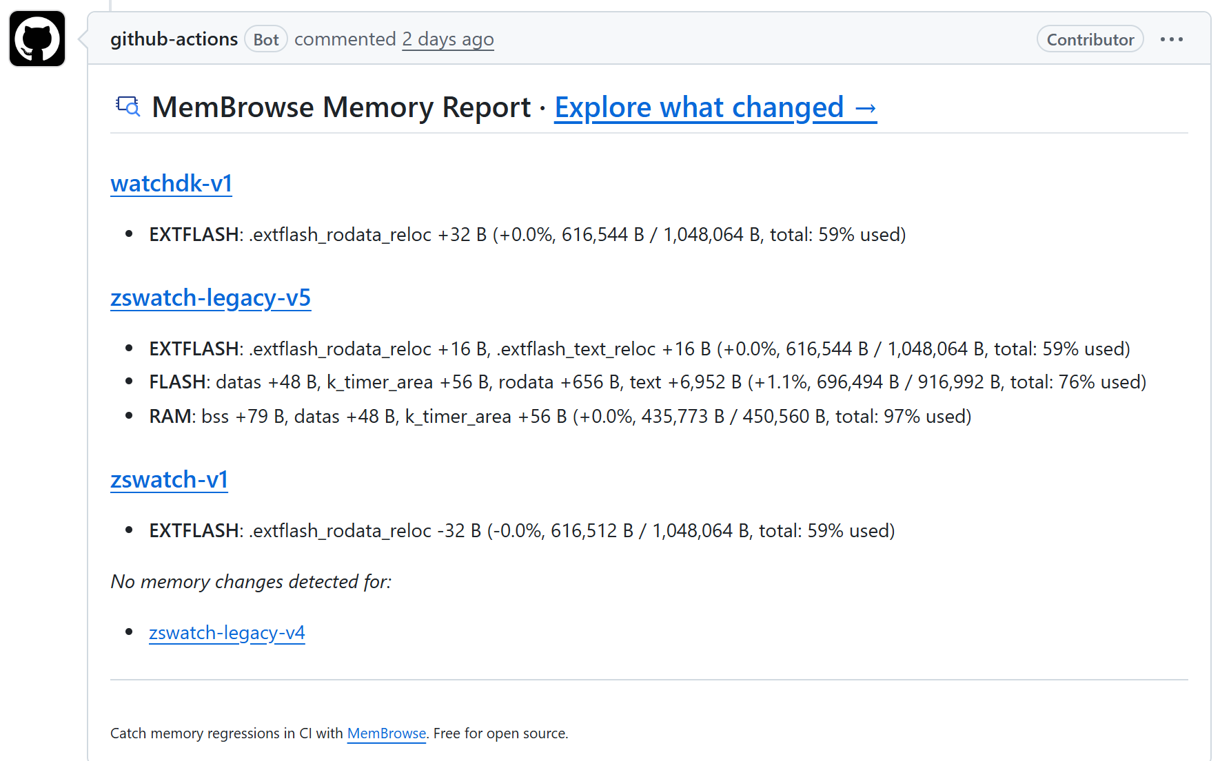 MemBrowse memory report posted as a comment on a ZSWatch pull request